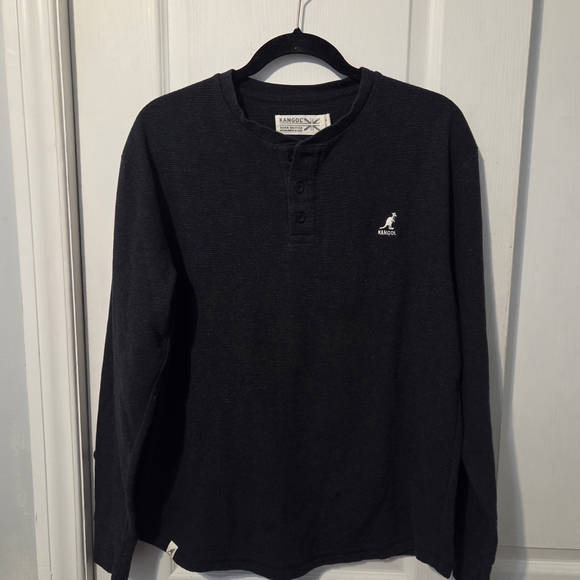 Kangol Waffle Knit Henley Black Long Sleeve Cotton Thermal Medium Mens Top - Picture 2 of 10